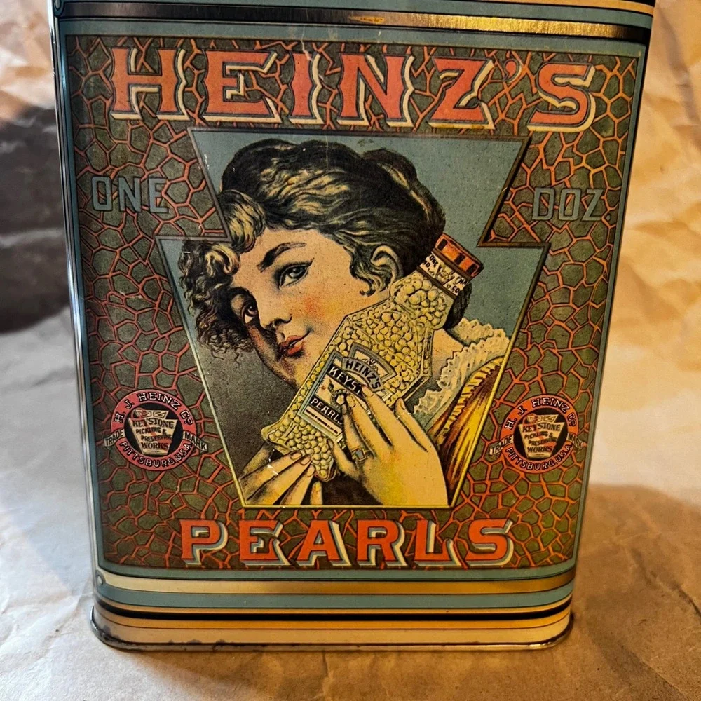 Heinz Tin Teal Orange Vintage Style Cheinco Pearls Advertising Container